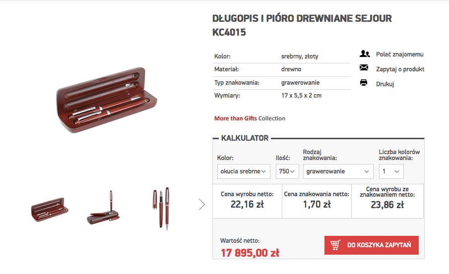 Widok karty produktu uwzględniający rodzaj znakowania oraz liczbę kolorów Responsywny serwis B2B dla branży reklamowej